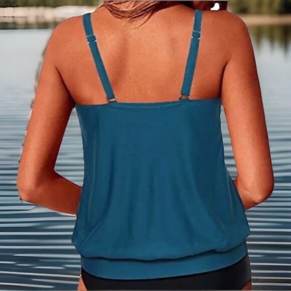 Yonique Women XL Blue Tankini Top Swimwear Loose Fit Full Coverage Adjustable - Picture 3 of 6